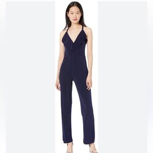 BEBE Navy Blue Ruffled V-Neckline Pull-on Jumpsuit 12 NWOT